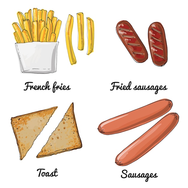 Vector food icons Colored sketch of food products Sausages French fries toast