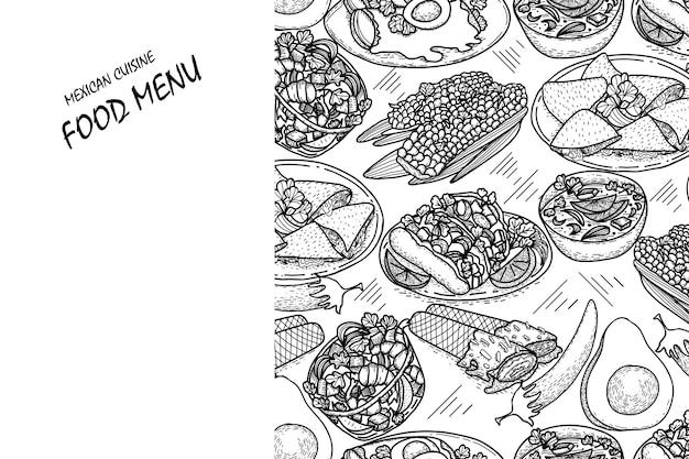 벡터 음식 메뉴 템플릿 라틴 아메리카 요리 손으로 그린 멕시코 음식의 흑백 스케치