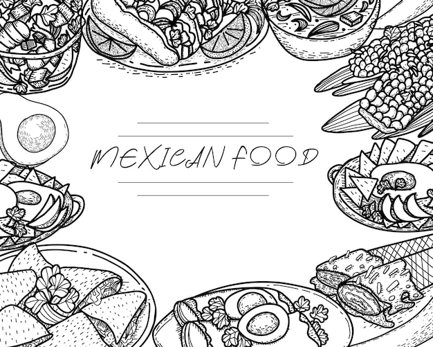 Vector food menu template Latin american cuisine Hand drawn black and white  sketchs of Mexican food