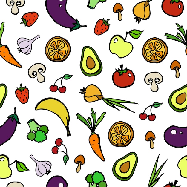 Reticolo senza giunte dell'alimento con frutta e verdura di doodle su sfondo bianco