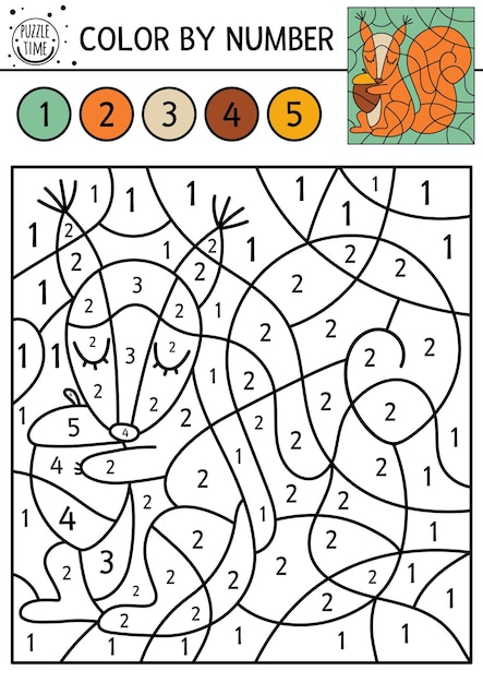 Vector forest color by number activity with squirrel and acorn Autumn woodland counting game with cute animal Funny fall or farm coloring page for kids xA