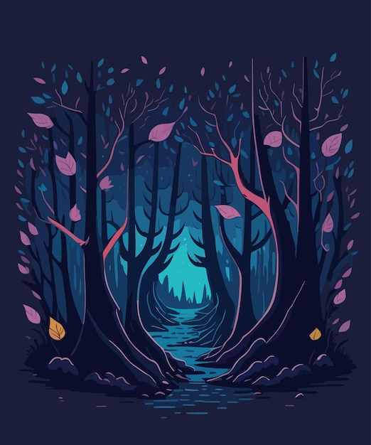 Vettore una foresta vettoriale paesaggio misterioso notte foresta luna cielo stellato disegno d'illustrazione d'arte