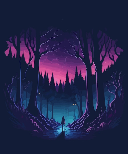 Vettore una foresta vettoriale paesaggio misterioso notte foresta luna cielo stellato disegno d'illustrazione d'arte