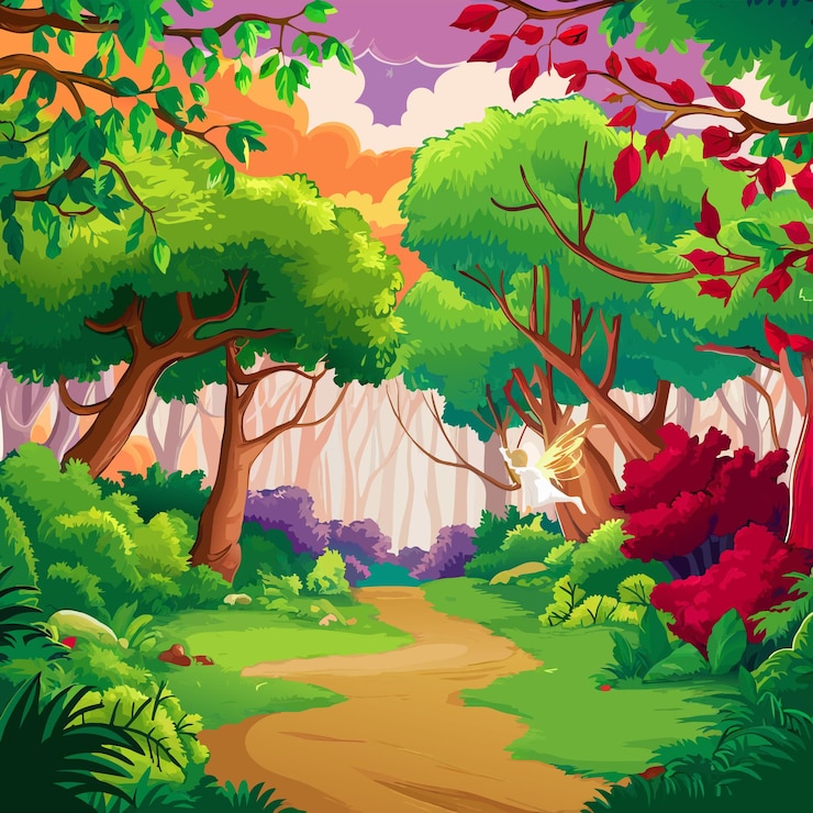Vector vector forest scene with various forest trees illustration