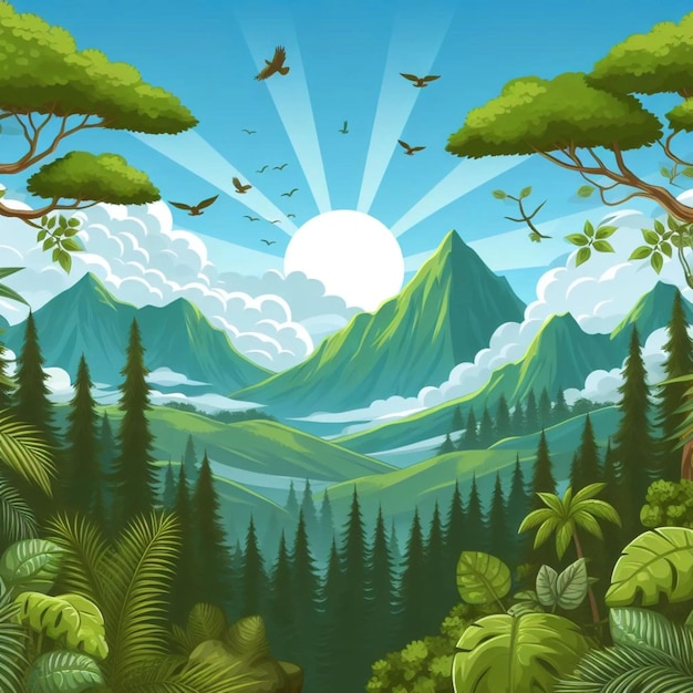 Vector vector of a forest with mountains and trees