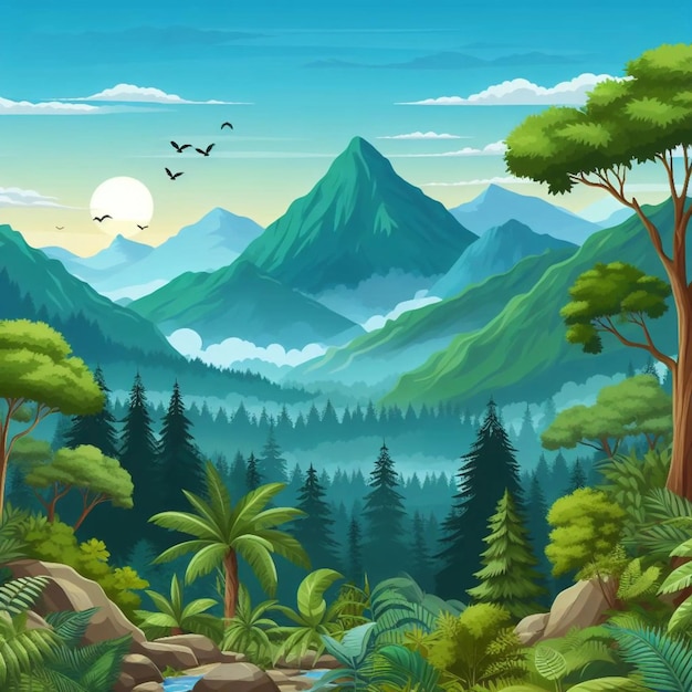 Vector vector of a forest with mountains and trees