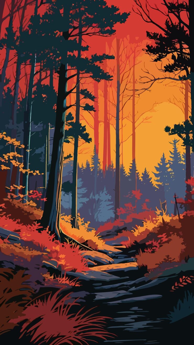 Vector vector of a forest with trees and a yellow sky