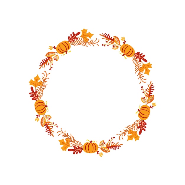 Vector frame autumn bouquet wreath orange leaves berries and pumpkin isolated on white background