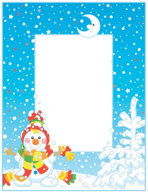 Граница векторной рамки с милым маленьким снеговиком, звонящим в колокольчик в снежную рождественскую ночь