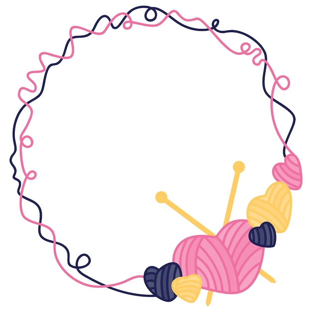 Vector frame made of yarn in the form of hearts with knitting needles.