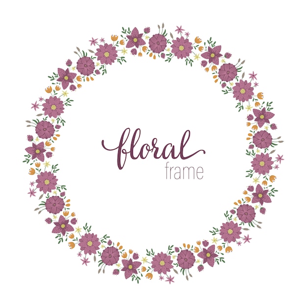 Vector frame template with flat trendy wild flowers with reeds on white space. card with place for text. floral design for invitation, wedding, party, promo events.