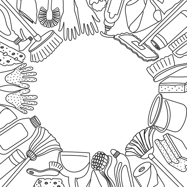 Vector frame with cleaning objects and copy space Card with sanitation items in doodle style