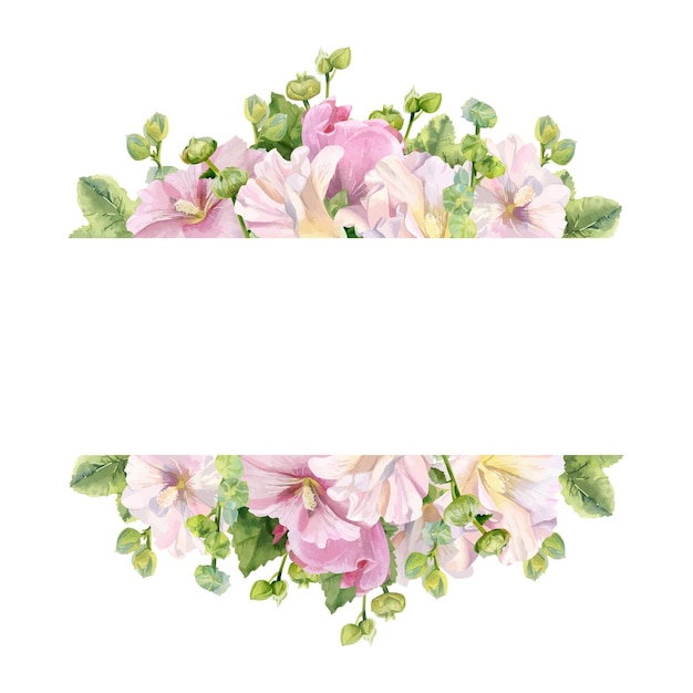 Векторная рамка с нежными розовыми цветами мальвы и зелеными стеблями и листьями