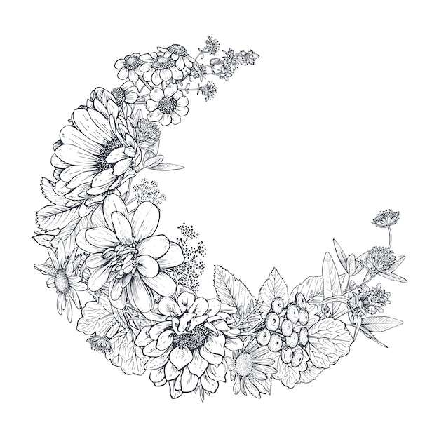 Vector frame with herb and wildflower elements arranged on a shape of the wreath