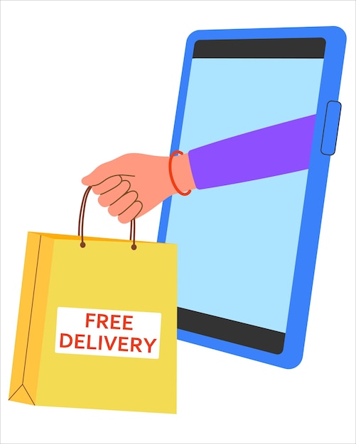 Vector vector free delivery hand out phone holding out purchase package