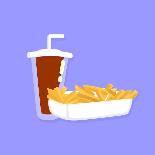 Vettore patatine fritte di vettore e soda. illustrazione di fast food.