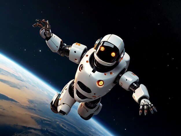 Вектор Векторный дружелюбный робот, плавающий в космосе, изолированный.