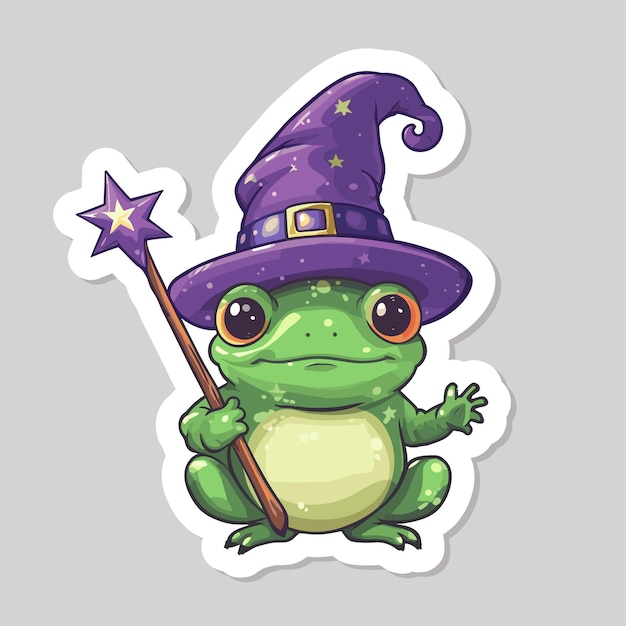 Vector frog character wizard wearing a magic hat and magic wand with star sticker trendy cartoon