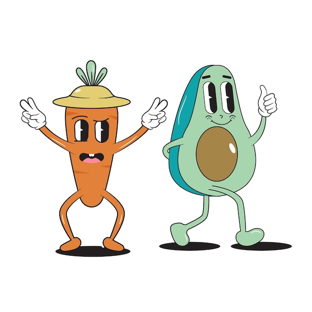 vector Fruit cute trendy retro carrot and avocado cartoon vector hand drawn