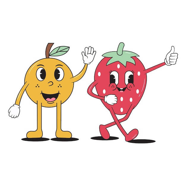 vector Fruit cute trendy retro lemon and strawberry cartoon vector hand drawn