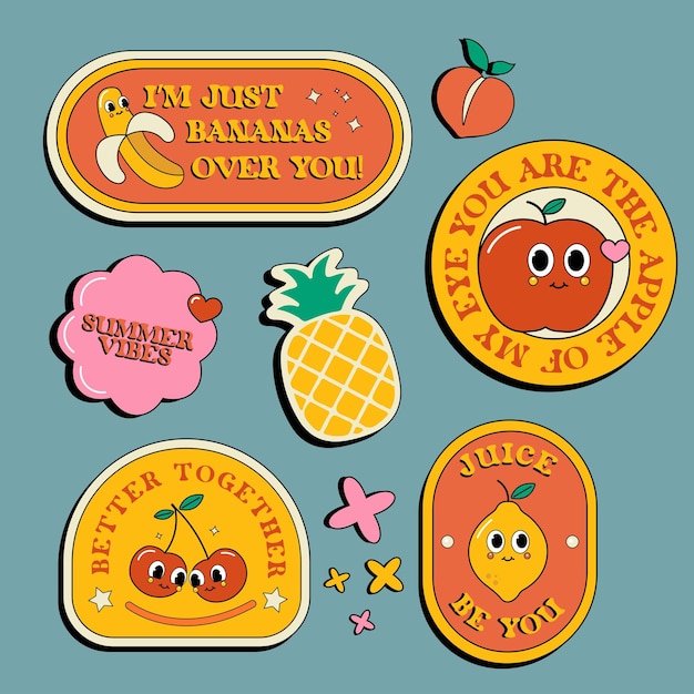 Vector fruit hand drawn retro sticker collection