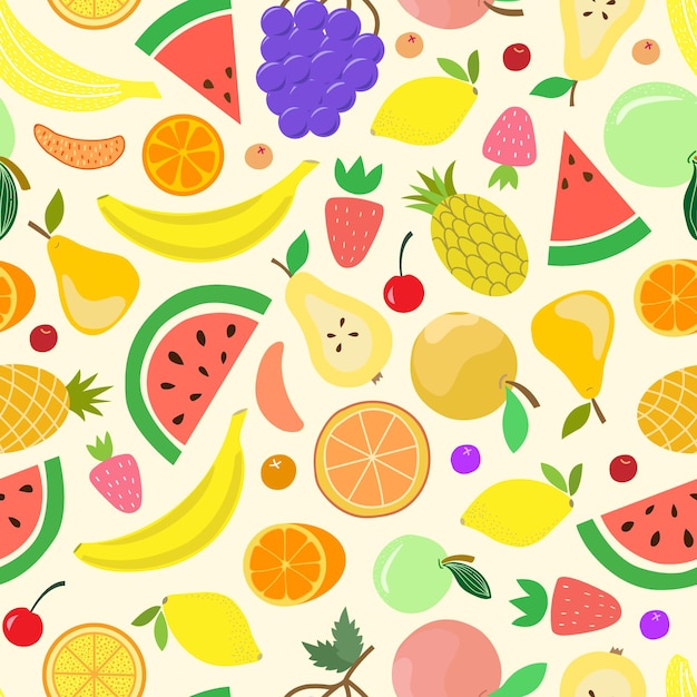 Vector fruit naadloos patroon Sappige vruchten en bessen in stijl van kartonnen platte hand tekenen