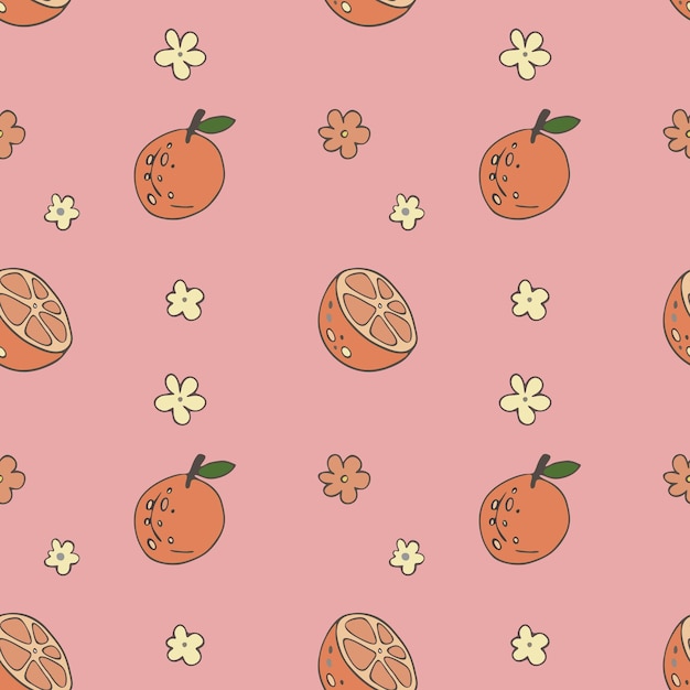 Vector fruit seamless pattern Juicy orange and flowers. one picture from the collection.