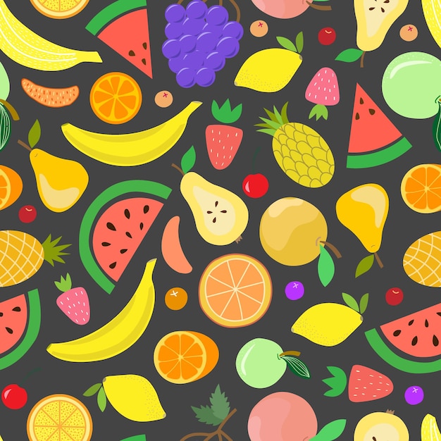 Vector fruit seamless pattern Juicy watermelons oranges bananas grapes pineapples berries
