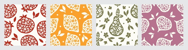 Vector fruit seamless pattern set citrus lemon pomegranate pear fig tree with flower and leaves modern botanical print for kitchen textile wrapping paper fabric home decor scrapbooking