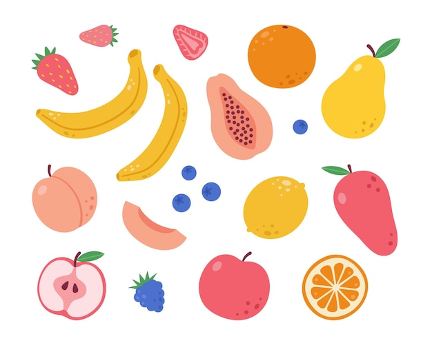 Vector vector fruit set flat tropical banana apple pear peach strawberry lemon papaya mango