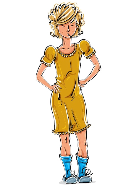 Vector full-length drawing of an angry Caucasian fair-haired teenager, bright cartoon hand-drawn front view of a young woman, colorful illustration of a standing irate girl wearing yellow dress, akimb