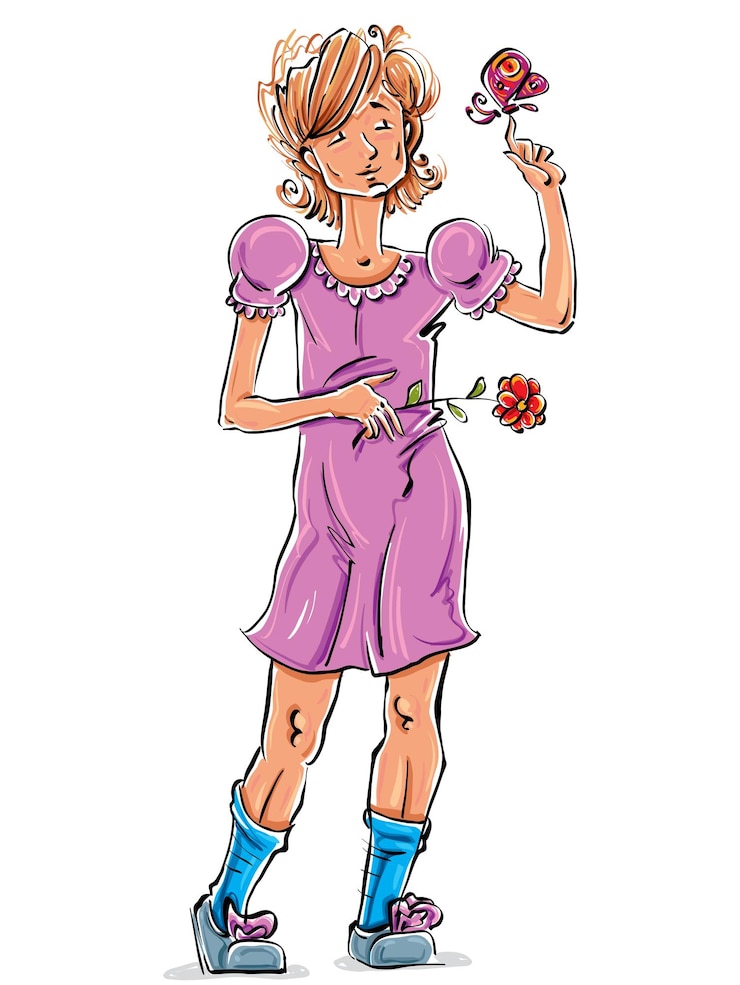 Vector vector full-length drawing of a friendly caucasian red-haired teenager, bright cartoon hand-drawn front view of a smiling young woman with a rose and a butterfly, colorful illustration of a standing s