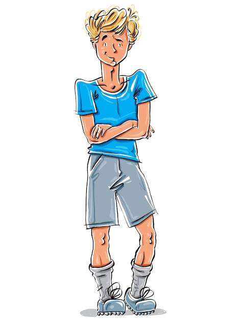 Vector full-length drawing of a smiling caucasian fair-haired teenager crossing his arms, bright cartoon hand-drawn front view of a youngster wearing blue t-shirt, shorts and sneakers, colorful illust