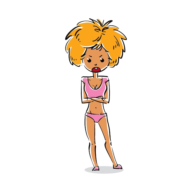 Vector full-length portret van sexy vrouw, cartoon persoonlijkheid illustratie. Eenvoudige tekening van aantrekkelijke volwassen blonde dame.