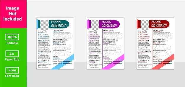 vector fully editable a4 cv set of three colors cv template design