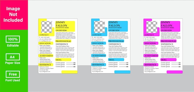 Vector fully editable a4 cv set of three colors cv template design