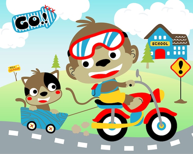 Vector of fun travel with funny animals on motorbike