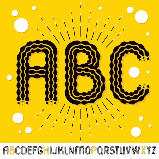 Vector funky capital English alphabet letters, abc collection. Rounded bold retro font, typescript can be used as logo design element. Created using waves, flowing lines.