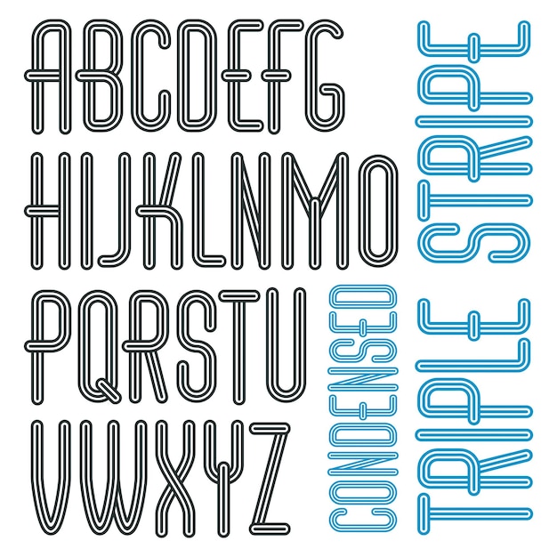 Vector vector funky capital english alphabet letters collection. cool condensed font, script from a to z can be used in poster art. created using triple stripy, parallel lines.