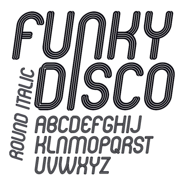 Vector funky cursieve alfabetletters met parallelle lijnen, kunnen worden gebruikt bij het maken van posters voor discotheken uit de jaren 70 en 80.