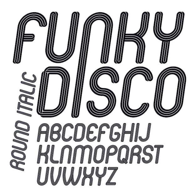 Vector funky italic alphabet letters set with parallel lines, can be used in poster creation for discotheque of 70s and 80s.