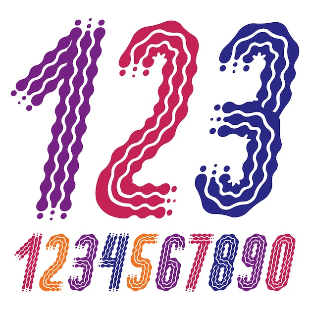 Vector funky, sierlijke nummers collectie. Afgeronde vet cursieve cijfers van 0 tot 9 kunnen worden gebruikt in retro, disco, pop posterontwerp. Gemaakt met vloeiende, golvende lijnen.