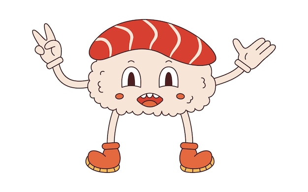 Векторные фанки-суши в стиле ретро Groovy nigiri sushi mascot Хиппи персонаж суши 70-х