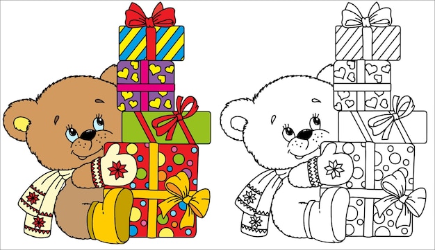 Vector funny bear dressed in a warm knitted hat, scarf and gloves sitting in front of gift boxes