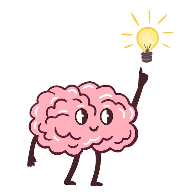 Vector funny cartoon character of brain and idea Character of brain develops an idea