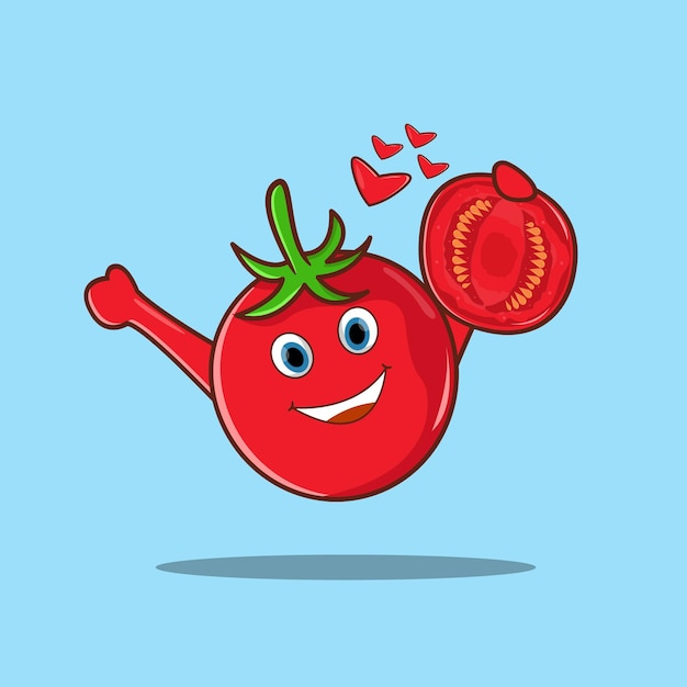 Vettore vettore divertente cartone animato carino rosso pomodoro sorridente personaggio