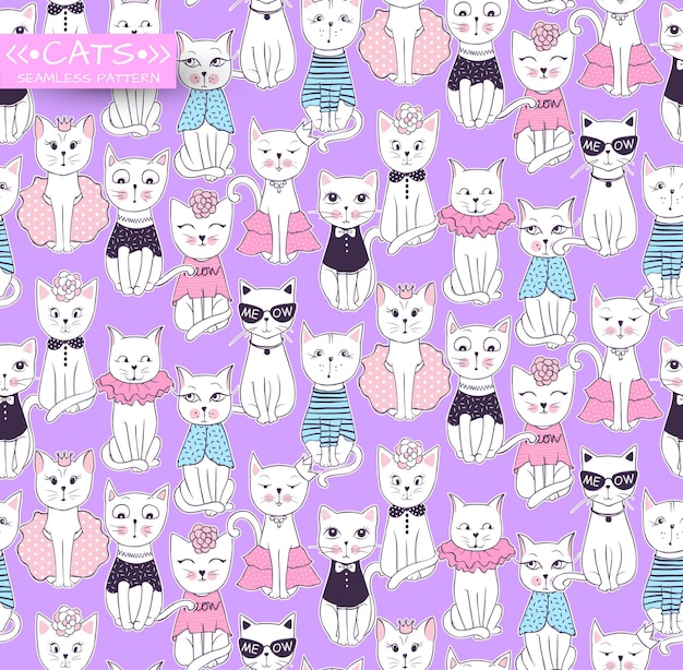 Vector funny cat seamless pattern. cute kitten hand drawn illustration. stylish cartoon animals background. ideal for fabric, wallpaper, wrapping paper, textile, bedding, t-shirt print.