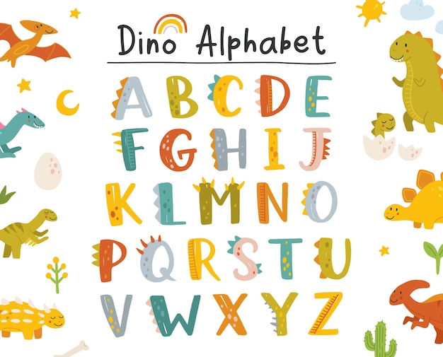 Vector vector funny comic dino alphabet on a white background in cartoon style bright modern illustration for kids nursery poster card birthday party packaging paper design baby tshirts