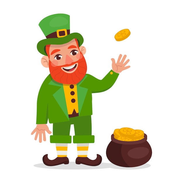 Vector funny leprechaun stands by the peas of gold coins and flips one coin StPatrick 's Day