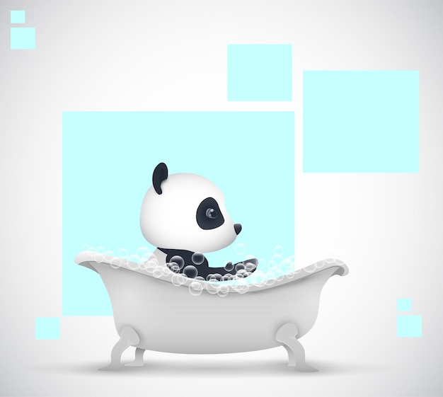 Vector funny panda bathes in the bathroom with foam